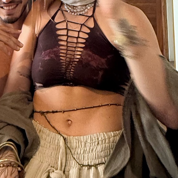 Slit Weave Strappy Brown Purple Green Halter Open Back Deep V Plush Cotton Top - Picture 6 of 8